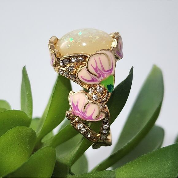 🌻3 For $18 Faux Opal Pink Flower Ring 925 - Picture 1 of 6